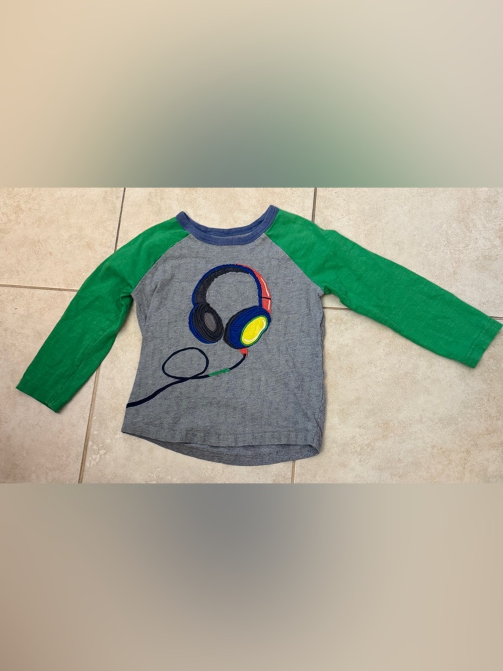 Mini Boden Grey Raglan Tee with Green Sleeves and Colorful Headphones